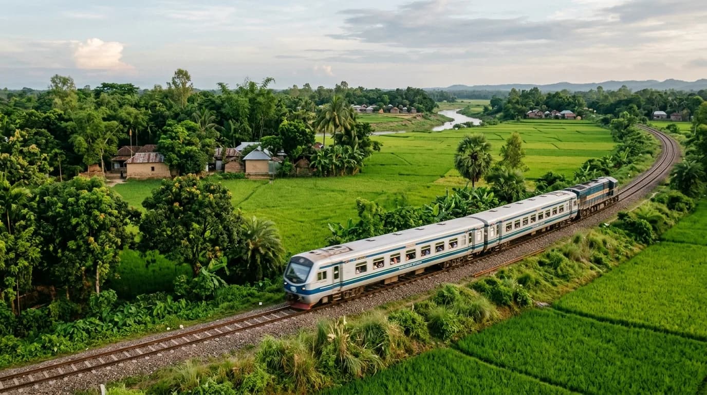 ঢাকা থেকে রাজশাহী যাওয়ার উপায় হিসেবে সবুজ মাঠের মধ্য দিয়ে ছুটে চলা একটি দূরপাল্লার আন্তঃনগর ট্রেন