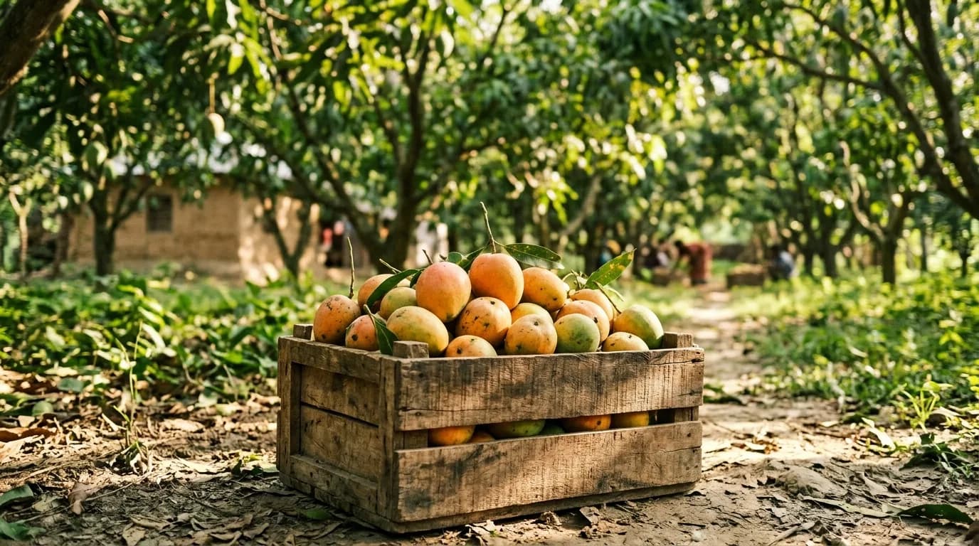Freshly harvested chemical free mango crate in a sunny Rajshahi orchard