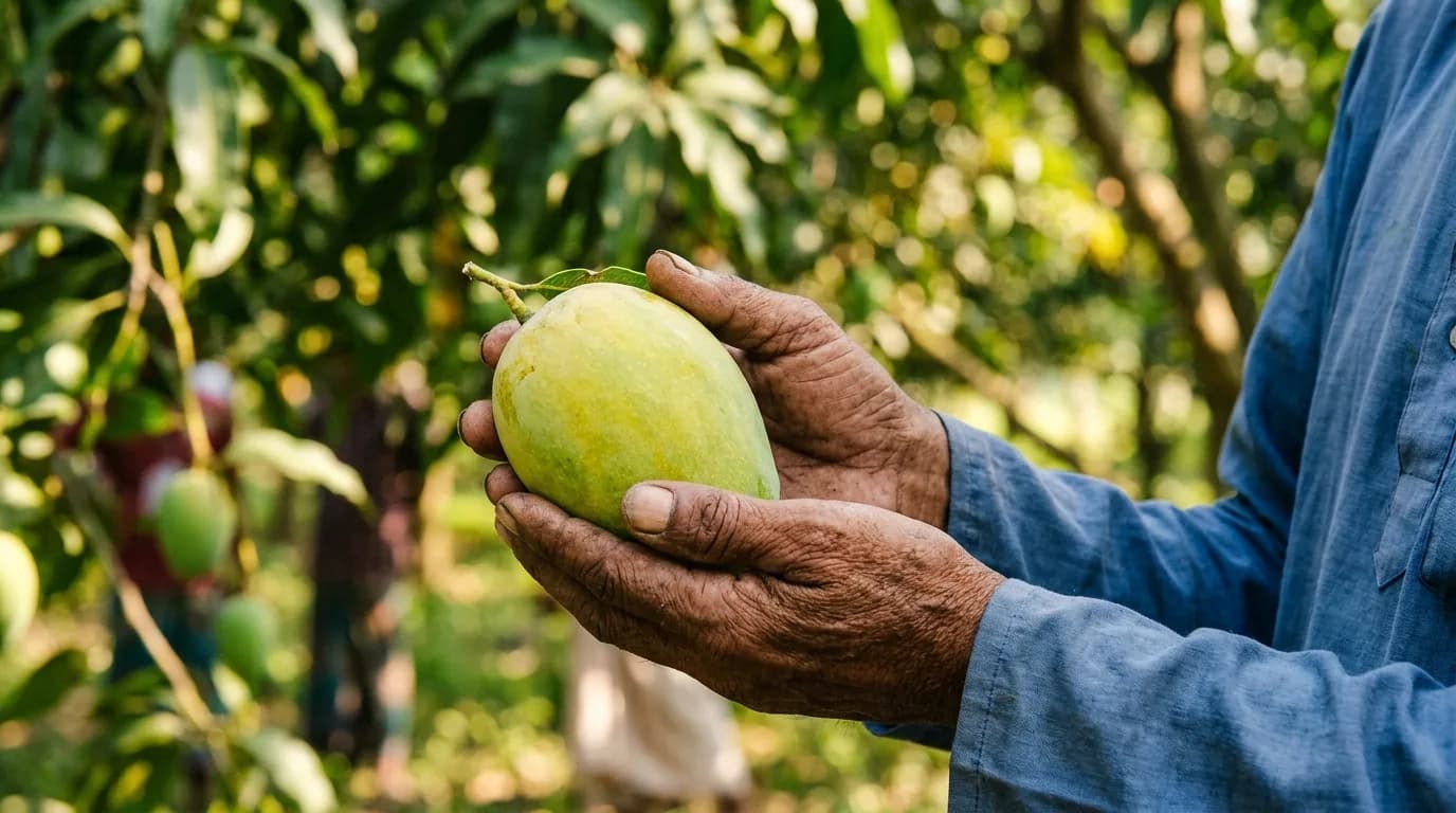 A farmer inspecting tree-ripened fruit in an orchard showing how to pick a sweet mango