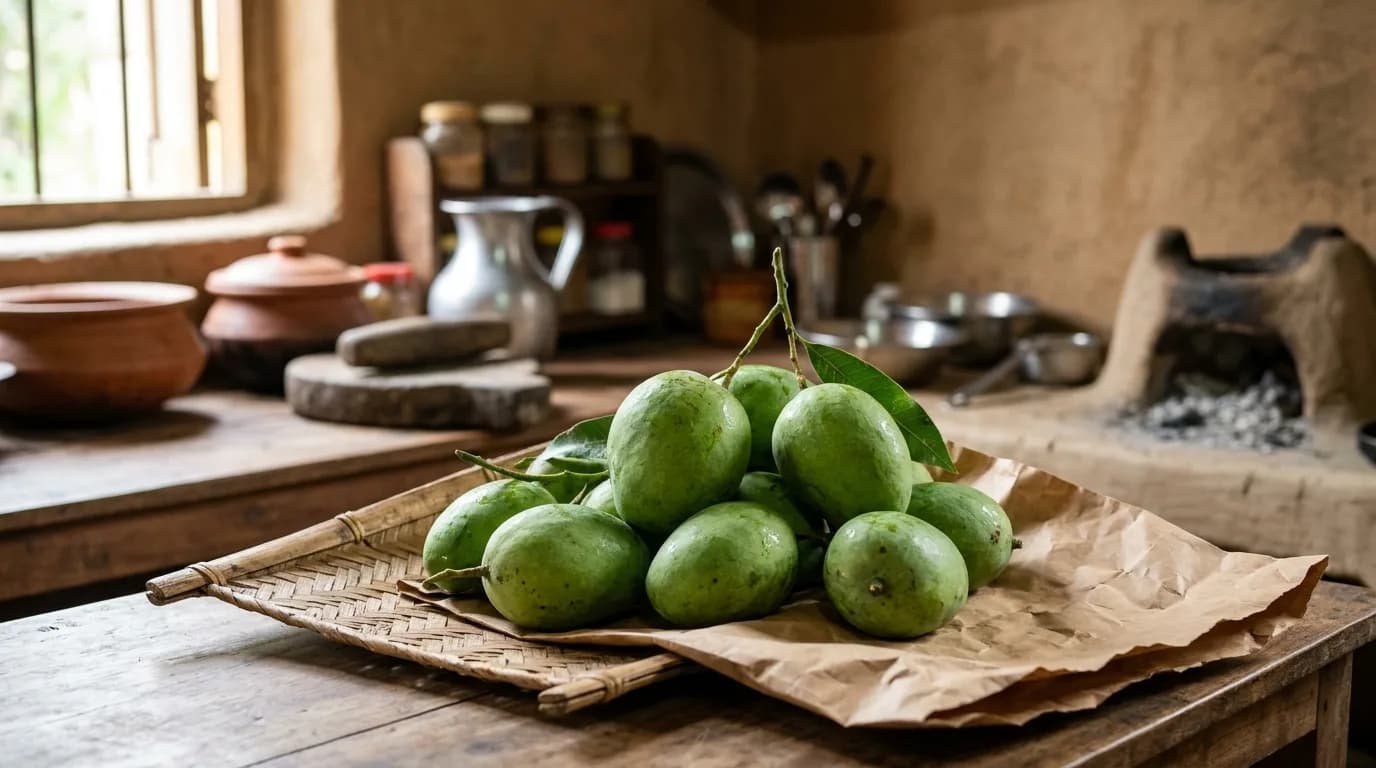 Mature green Rajshahi mangoes laid out carefully on brown kraft paper to ripen mangoes naturally at home