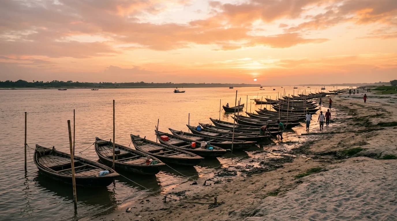 Golden sunset view over the wide Padma river Rajshahi with boats near the embankment