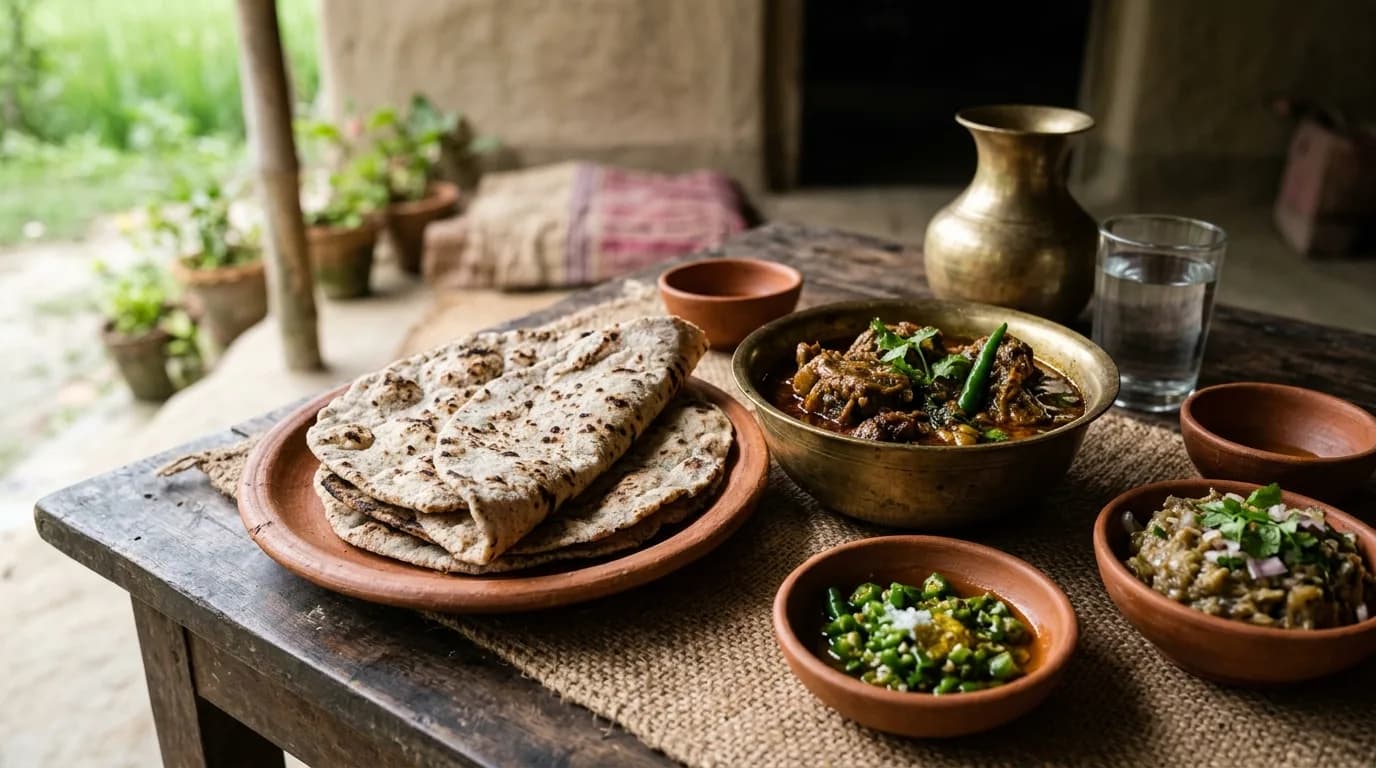 A traditional platter of Rajshahi famous food featuring Kalai Ruti, duck curry, and fresh accompaniments