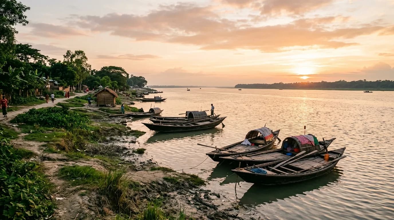 Scenic view of the Padma riverbank reflecting Rajshahi history with traditional wooden boats at sunset