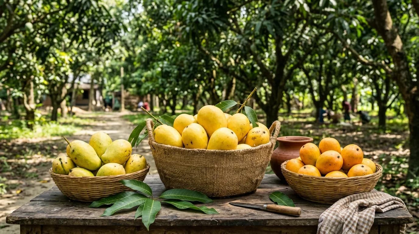 Assorted Rajshahi mango varieties displayed in traditional woven baskets inside an orchard