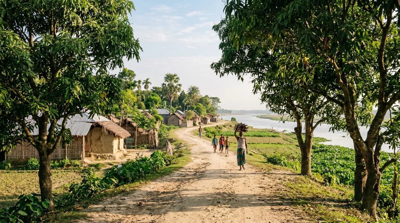 A peaceful rural view depicting Rajshahi culture with green trees and the Padma riverbank
