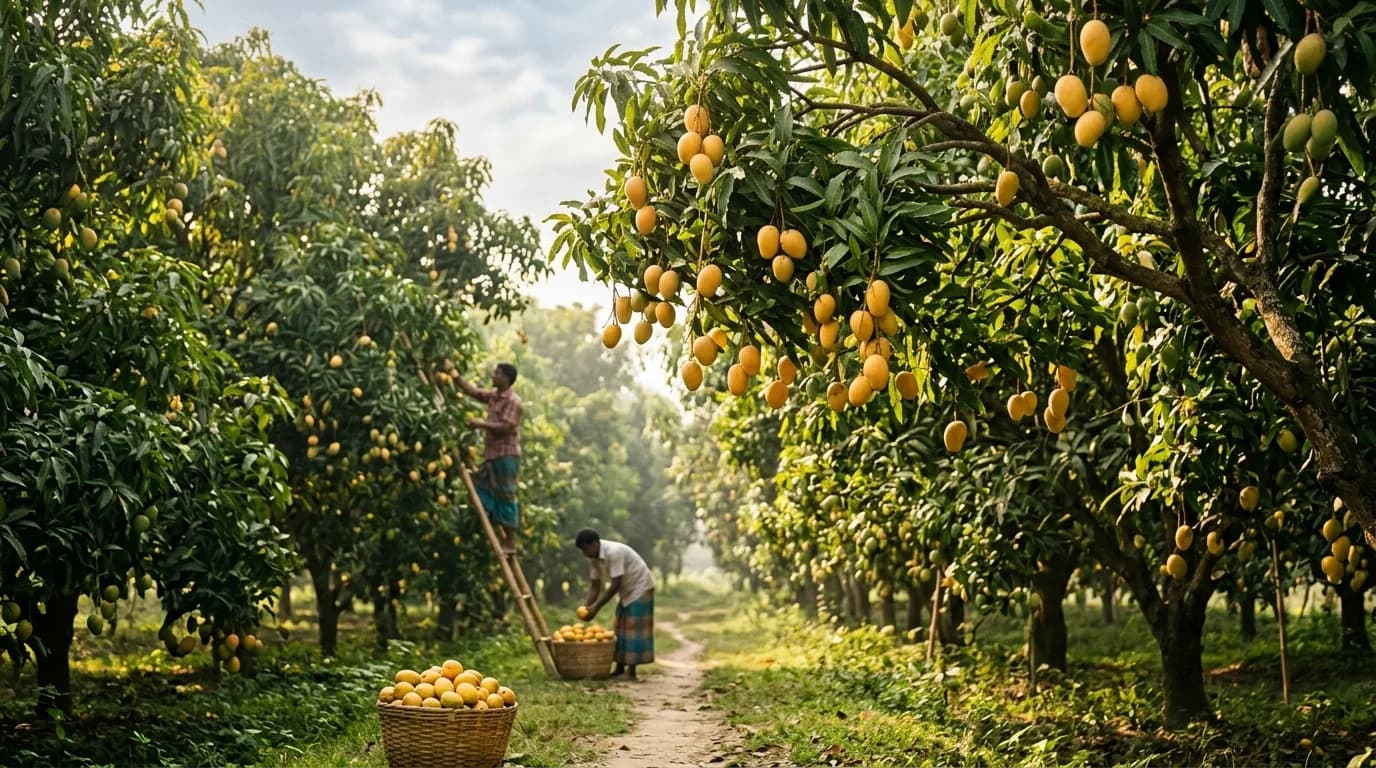 Golden ripe Rajshahi mango hanging on a leafy tree branch in a sunlit orchard