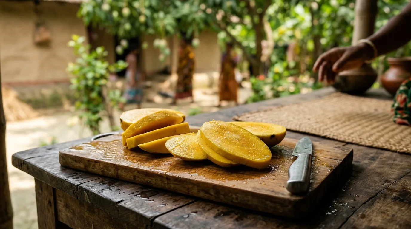 Slices of ripe fiberless Himsagar mango on a clean cutting board ready for pureeing