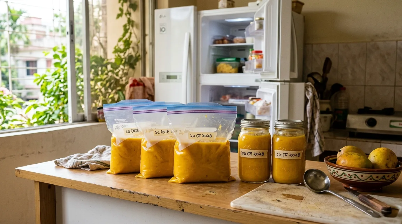 Sealed freezer pouches and glass jars containing preserved mango pulp with proper headspace