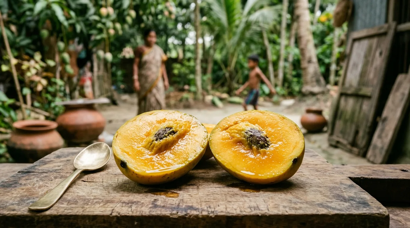 Naturally ripe mango cut in half showing uniform golden orange pulp from peel to stone