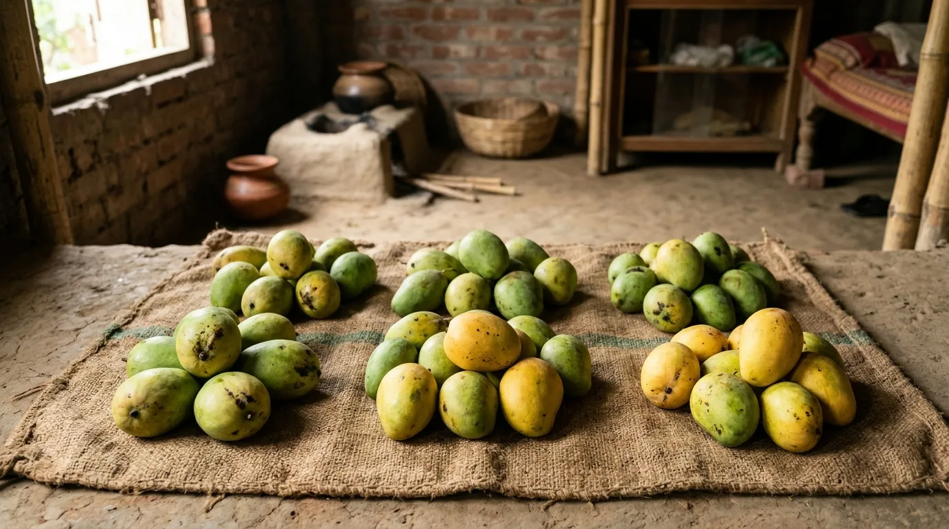 Fresh mature mangoes resting on traditional jute sacks for natural room temperature ripening