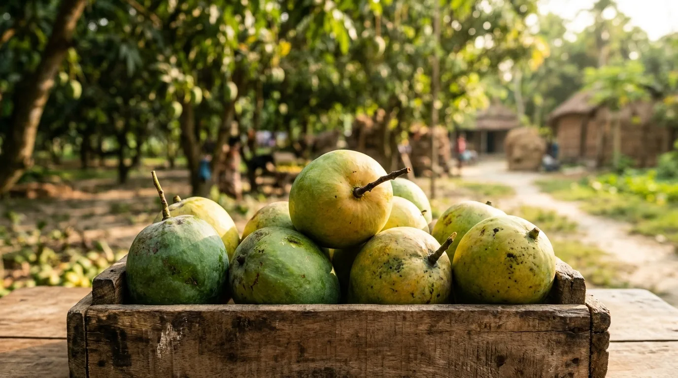 Freshly harvested Rajshahi mangoes showing plump shoulders and stem cavities