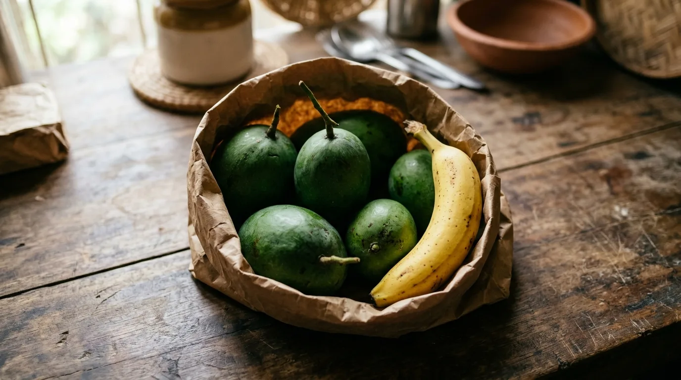 Green mangoes placed in a brown paper bag with a banana to accelerate natural ethylene ripening