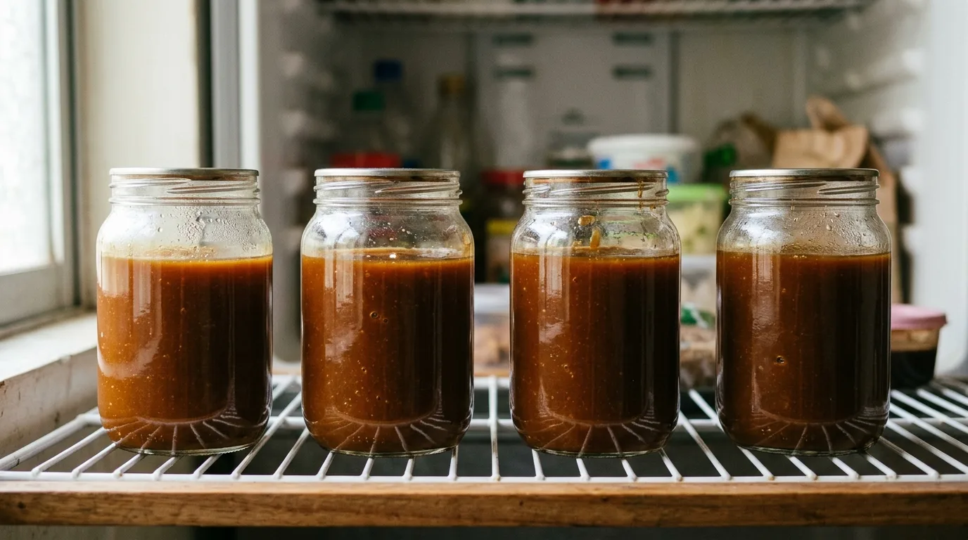 Airtight glass jars of date palm liquid jaggery placed inside a refrigerator for preservation.