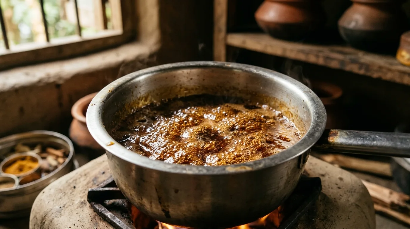 Gentle boiling of liquid date jaggery in a pan to pasteurize and prevent fermentation.