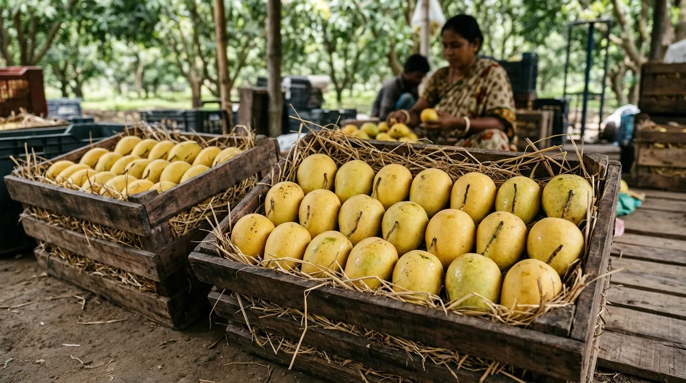 কাঠের ক্র্যাটে রাখা সদ্য সংগৃহীত ক্ষীরশাপাত হিমসাগর আম
