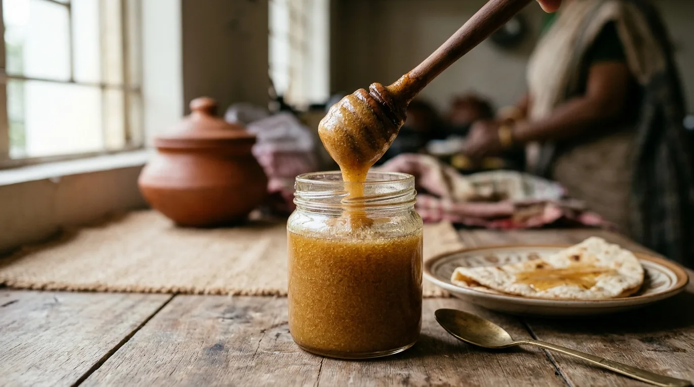 Close-up of fine textured creamy mustard honey on a wooden dipper