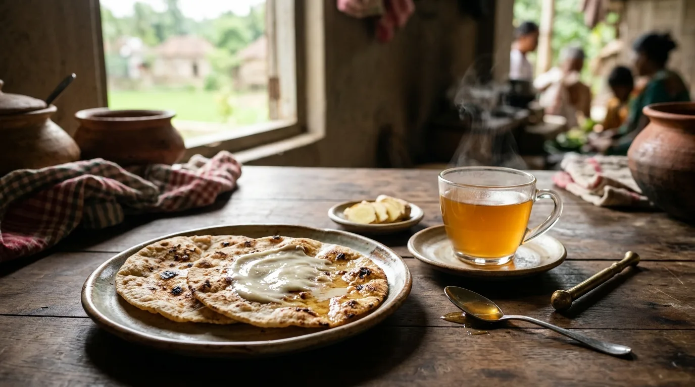 Handmade ruti topped with creamy mustard honey alongside winter morning tea