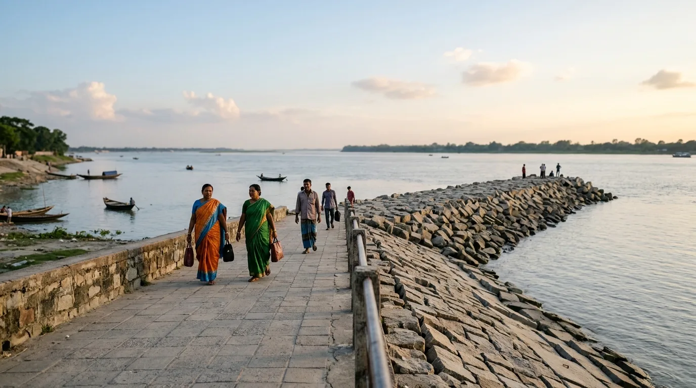 T-Groin spur dike along the Padma river Rajshahi where visitors watch the sunset