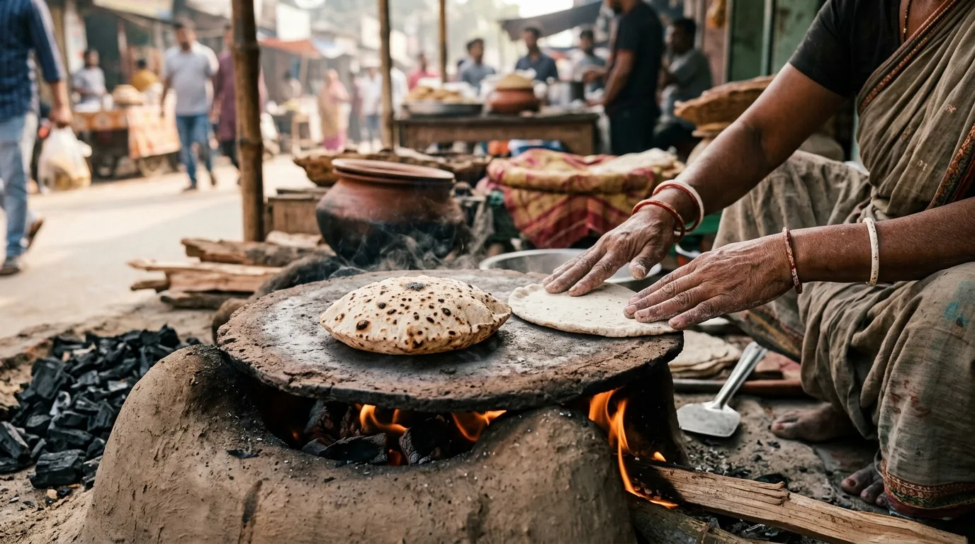 Traditional kalai ruti baking on an earthenware griddle by the river in Rajshahi