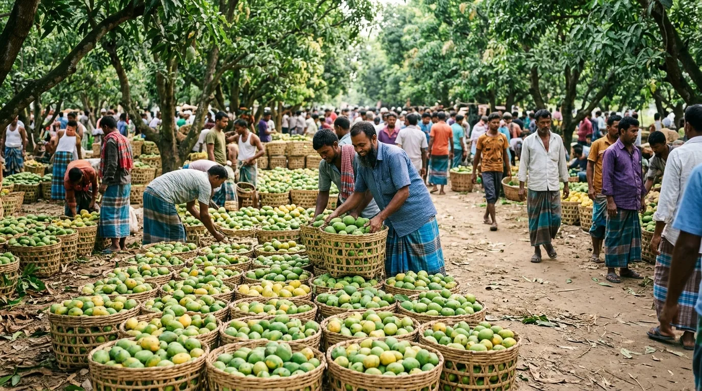 গ্রীষ্মের ভরা মৌসুমে রাজশাহীর বানেশ্বর পাইকারি আমের হাটের দৃশ্য