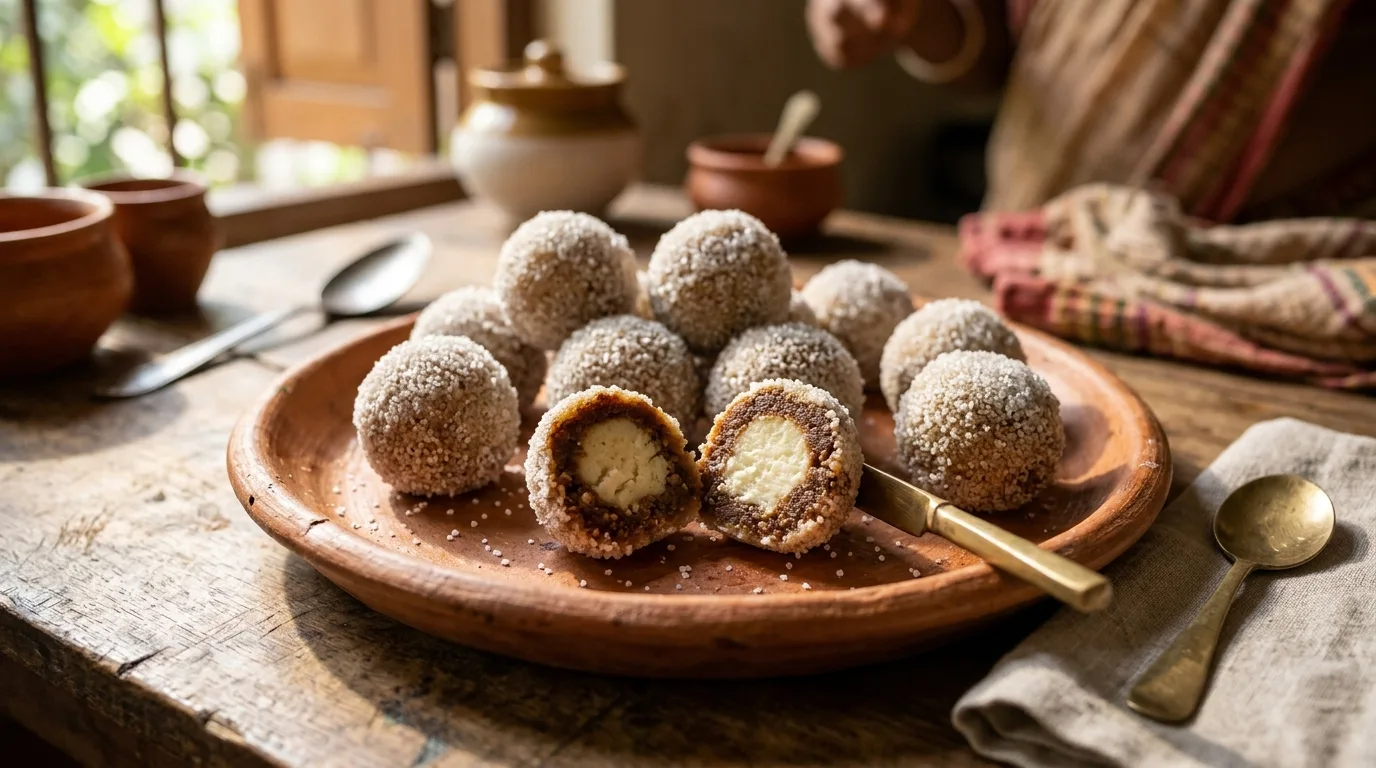Cross section of Roshokodombo sweet displaying sugar globules and mawa layers