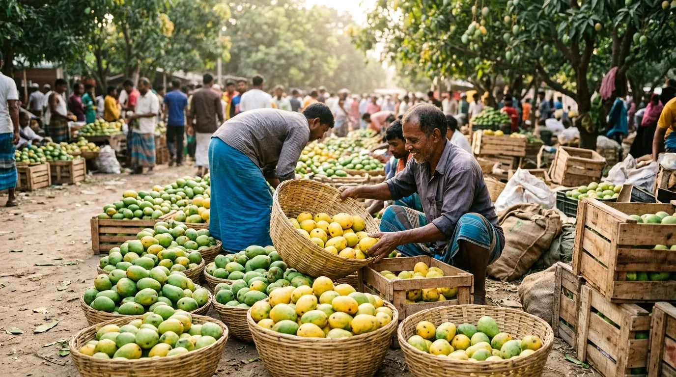 Wholesale mango trading at Baneswar Haat in Rajshahi