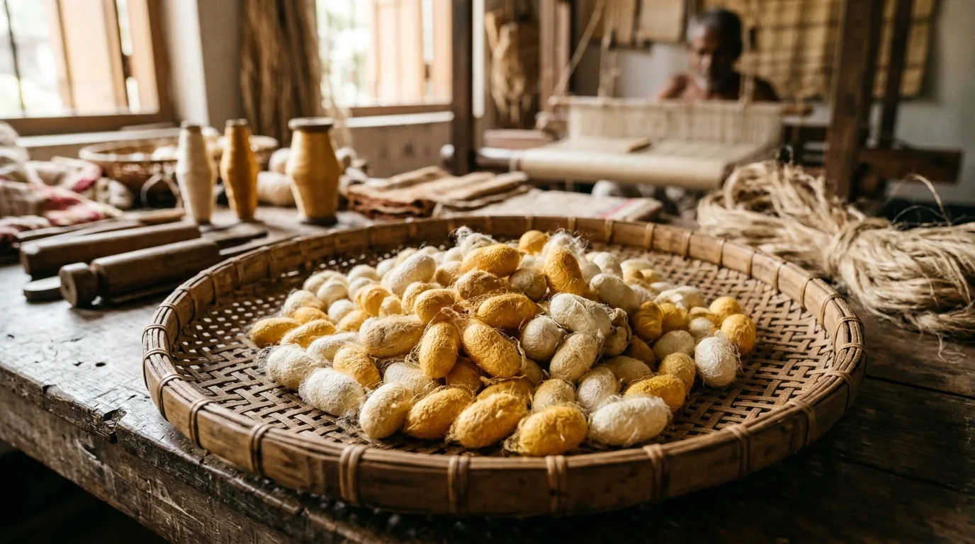 Raw silkworm cocoons harvested for traditional Rajshahi silk processing