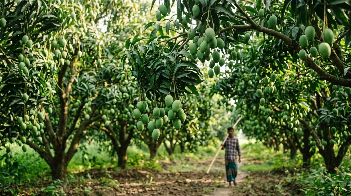 Lush mango orchard in Rajshahi bearing seasonal fruit on tree branches