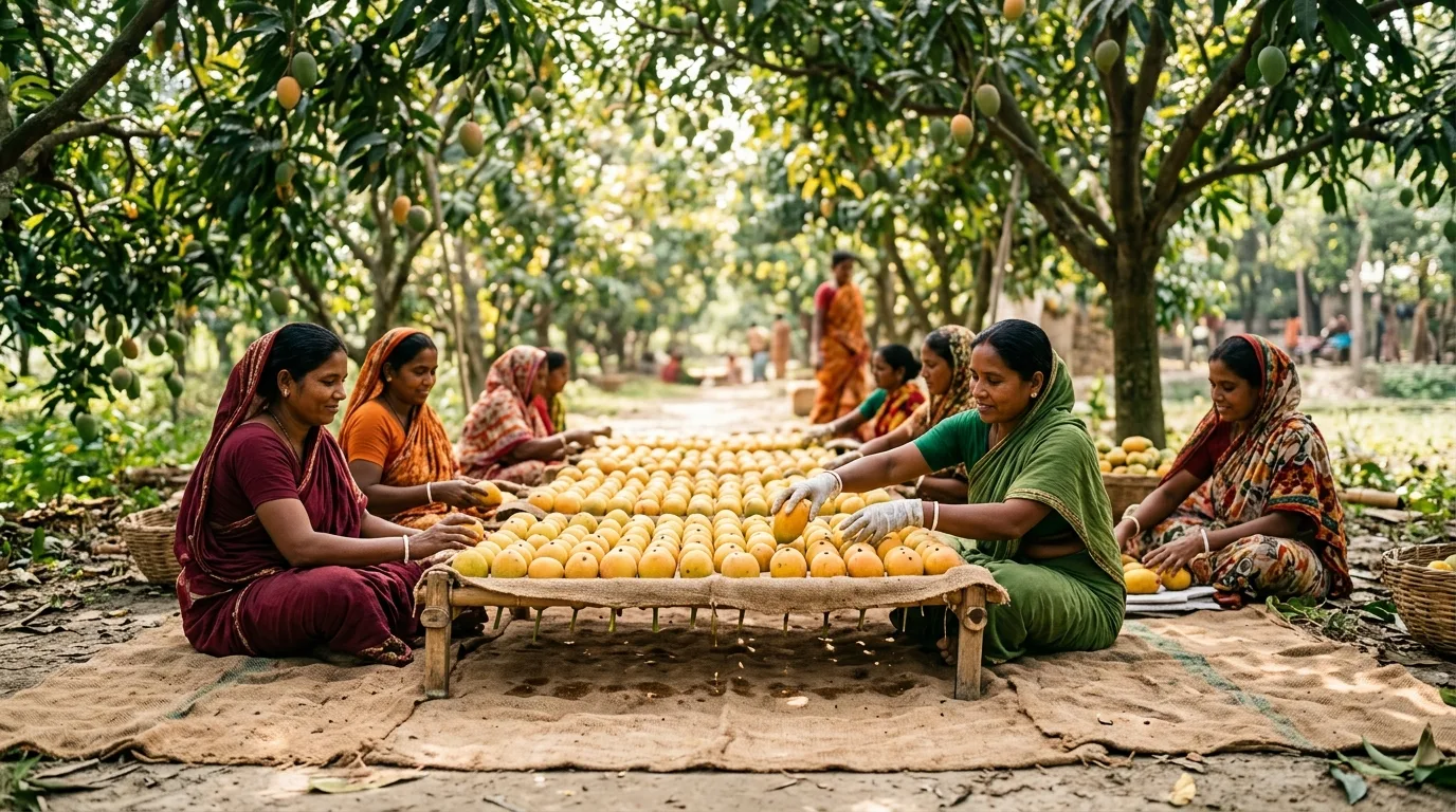 বাগান থেকে আম সংগ্রহের পর বোঁটার কষ ঝরানো এবং গ্রেডিং প্রক্রিয়া