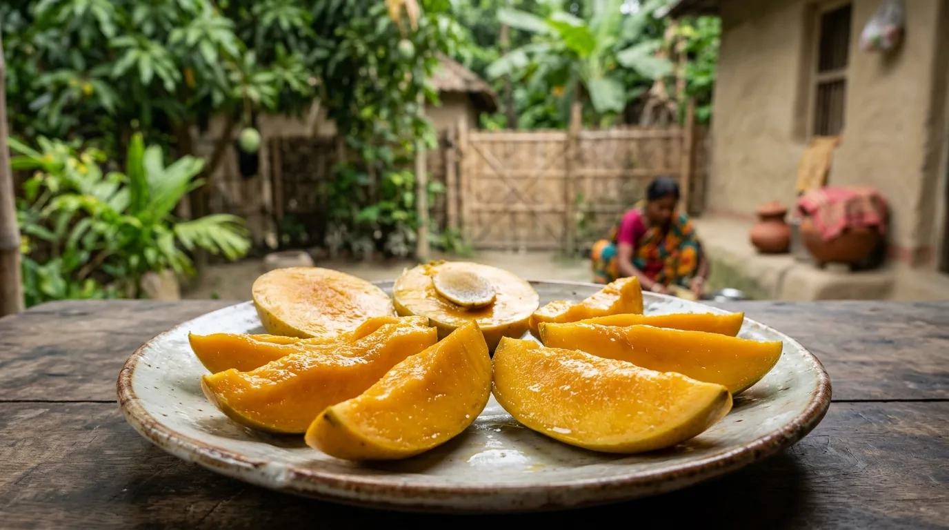 Freshly sliced fiberless Himsagar mango displaying its golden pulp