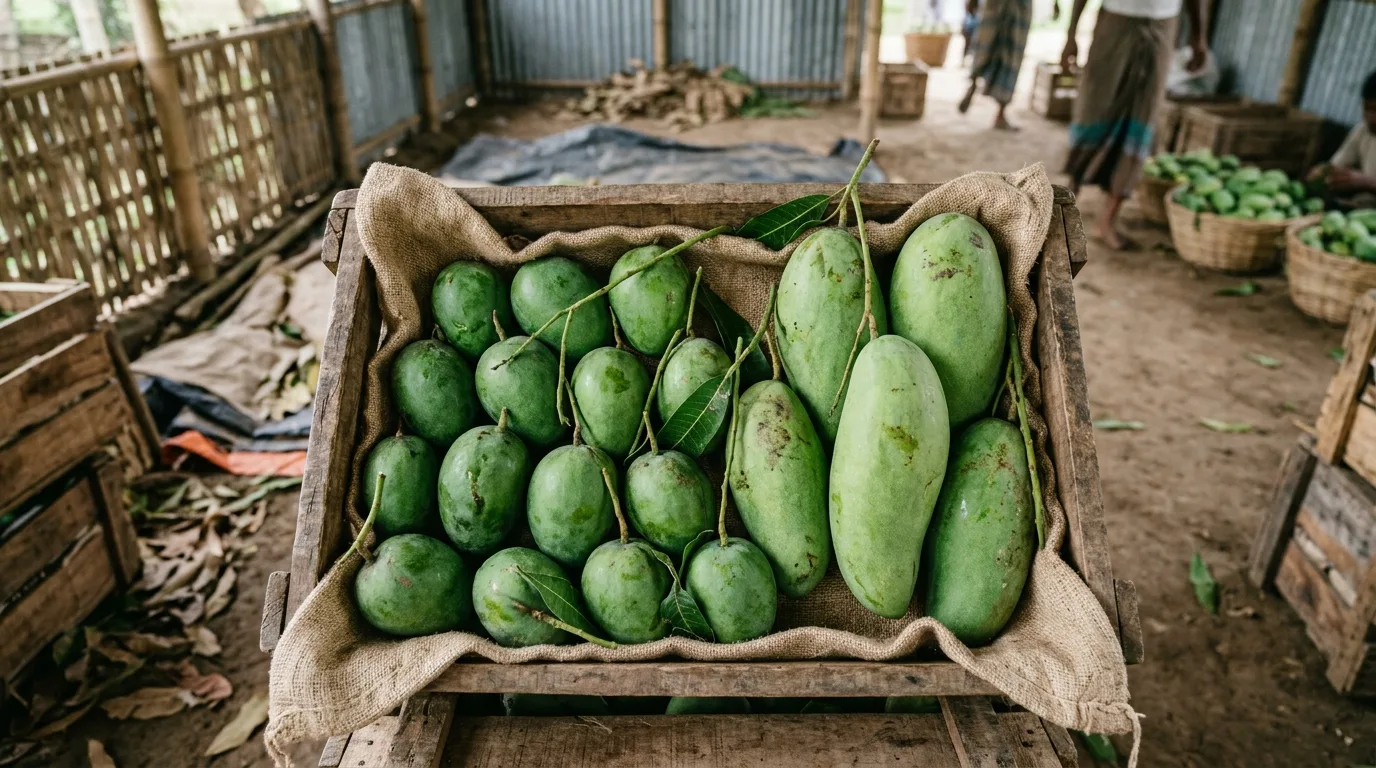 Naturally green mature Langra and Fazli mangoes resting on a sorting cloth
