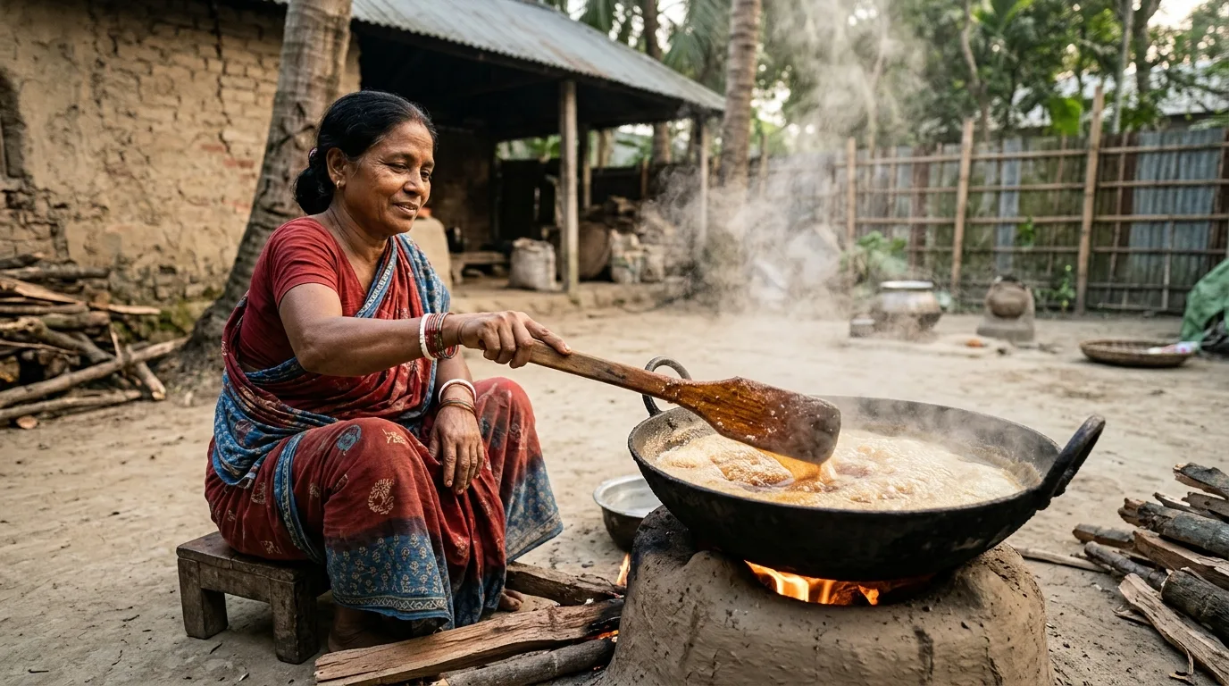 মাটির চুলায় ঐতিহ্যবাহী উপায়ে খেজুরের রস জ্বাল দিয়ে খাঁটি গুড় তৈরি