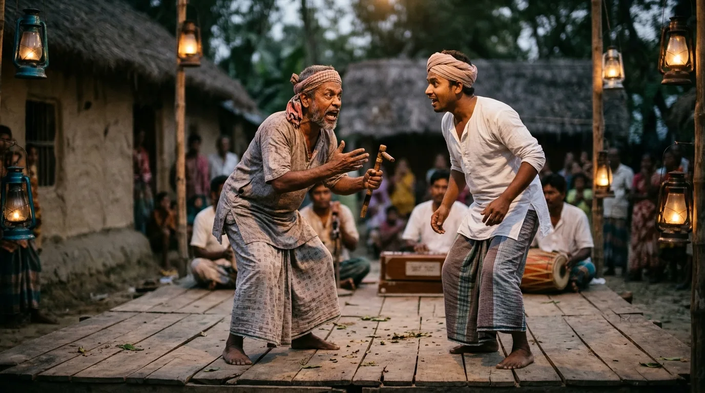 রাজশাহীর সংস্কৃতি তুলে ধরে গম্ভীরা পরিবেশন করছেন দুই শিল্পী