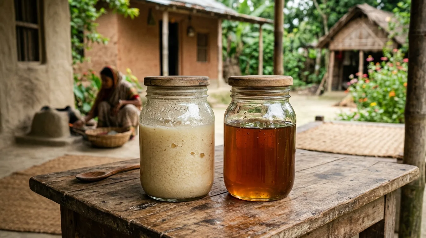 ক্রিমের মতো জমে যাওয়া সরিষা মধু ও সোনালী তরল মধুর তুলনা