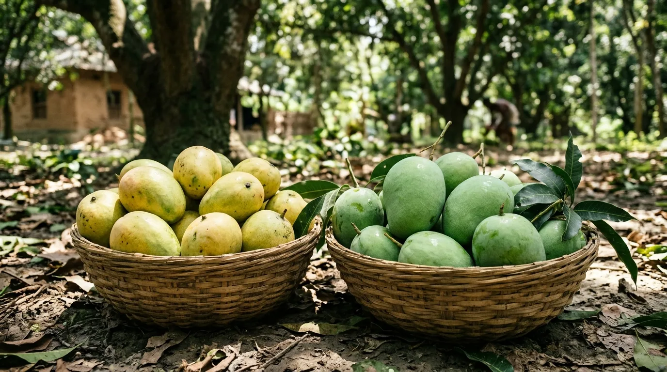 আমবাগানে বাঁশের খাঁচায় সাজিয়ে রাখা রাজশাহীর তাজা আম
