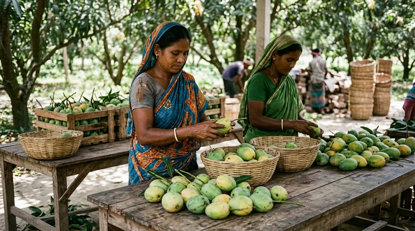 গাছ থেকে নামানোর পর শেডে সতর্কতার সাথে রাজশাহীর আমের আঠা ঝরানো হচ্ছে