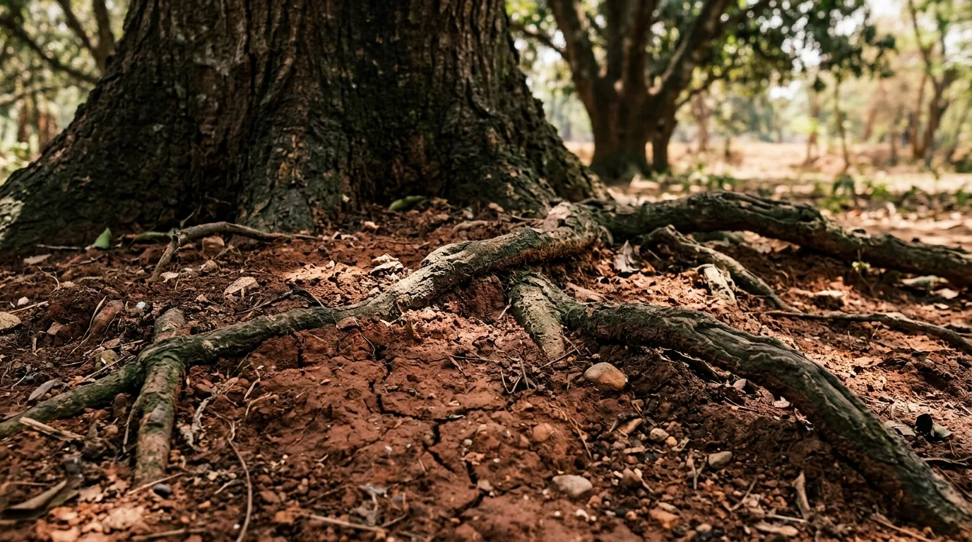 Nutrient-rich red clay loam soil of the High Barind Tract supporting mango tree roots