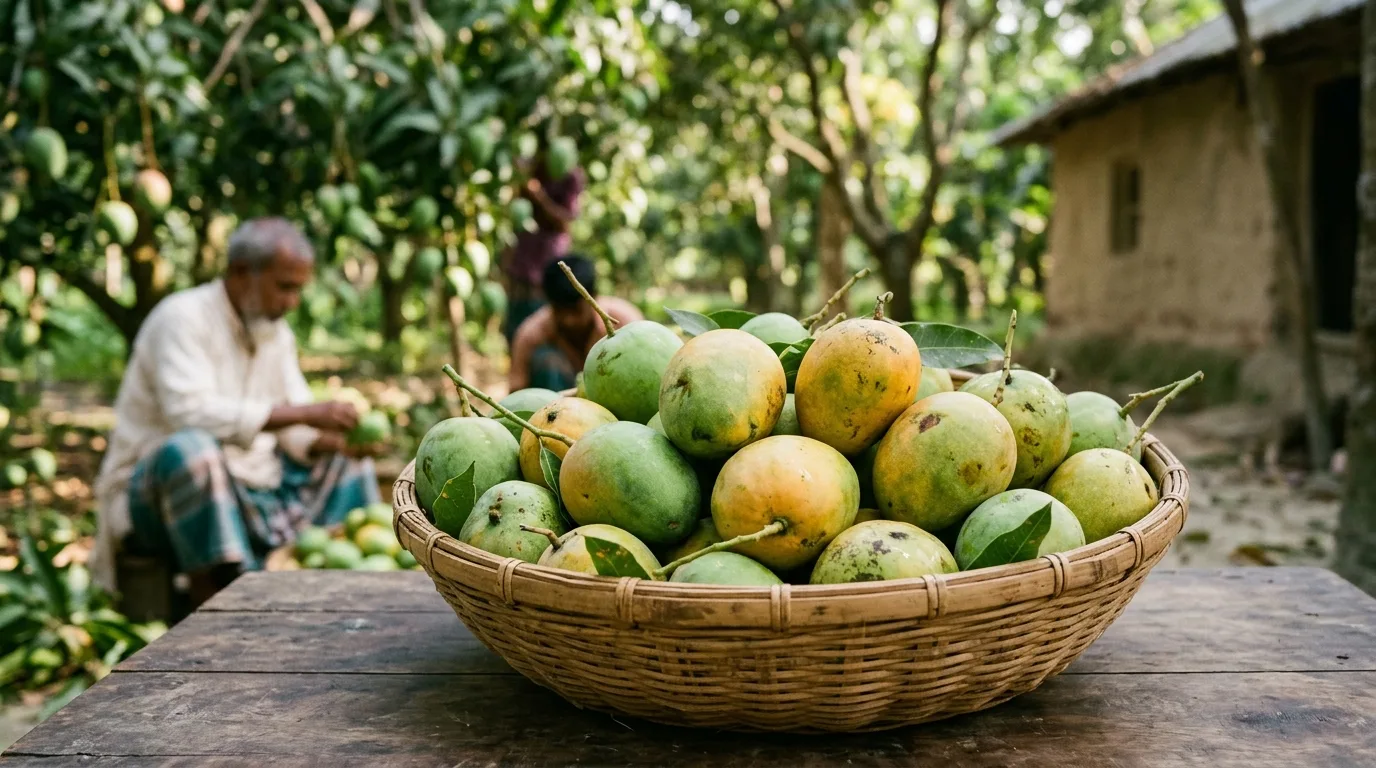 Freshly harvested Rajshahi mangoes resting in a traditional basket in an orchard